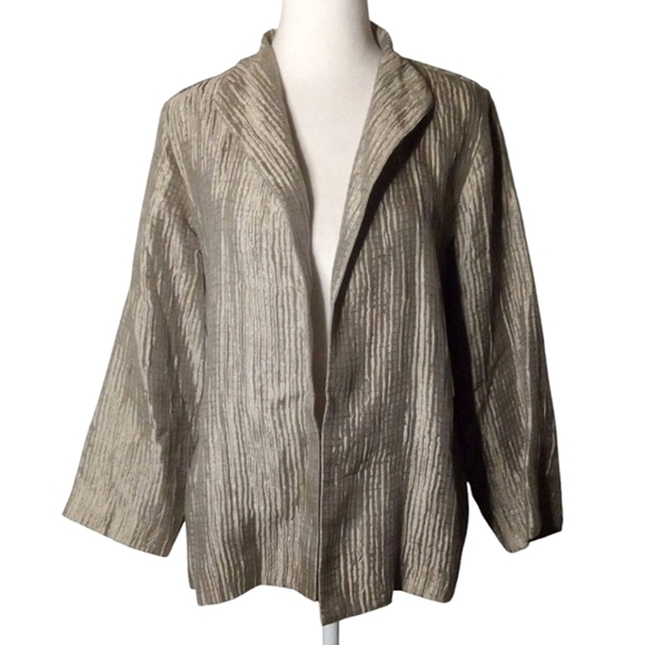 Eileen Fisher Women's Taupe Seersucker Silk Evening Cafe Jacket Size Medium - Picture 1 of 9